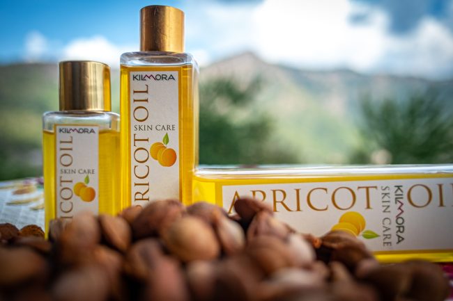 Image shows apricot kernels in foreground with three apricot oil bottles of different sizes behind the kernels