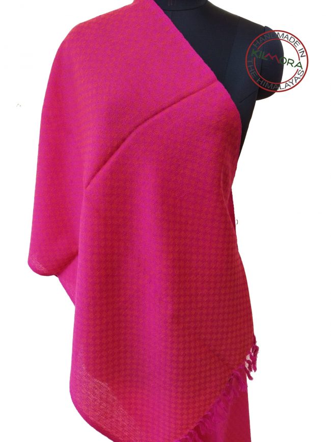 Pure merino wool hand-woven hot pink stole with textured self checks