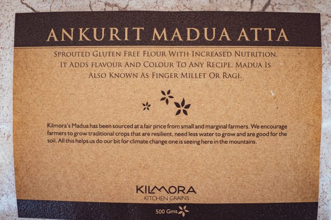 Label saying Ankurit Madua Atta or Sprouted Finger millet Flour