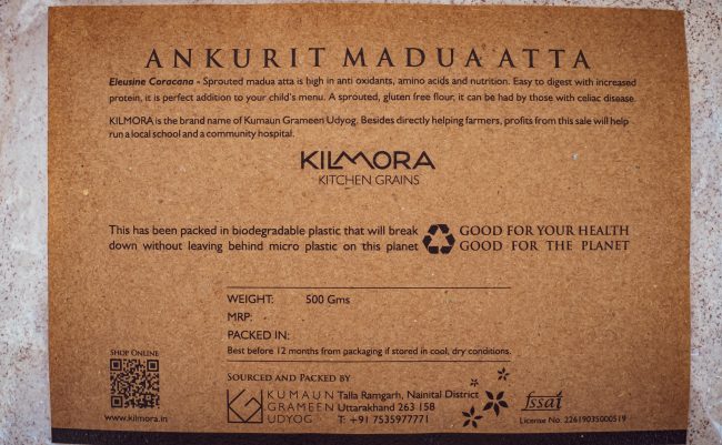 Label saying Ankurit Madua Atta or Sprouted Finger millet Flour