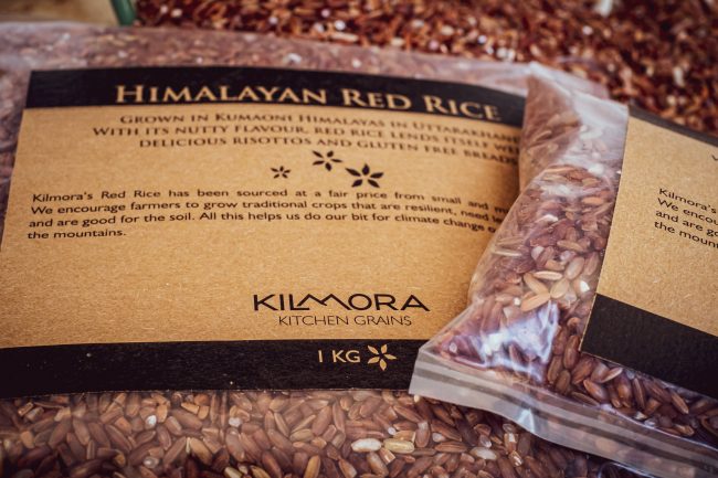 Close up of a packet of Himalayan Red Rice that shows weight (1kg)