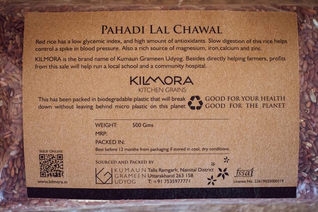 Label saying Pahadi Lal Chawal