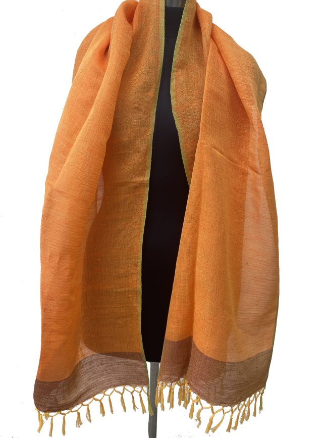 Cotton linen handwoven stole in a classic combination of royal orange with a border of burnt amber. And herringbone patterned olive green selvedge.