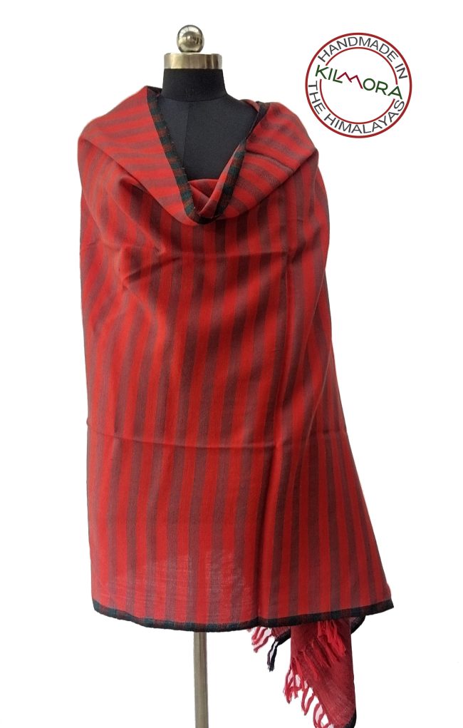 Pure woollen shawl from Kilmora in bold vertical stripes of candy and garnet