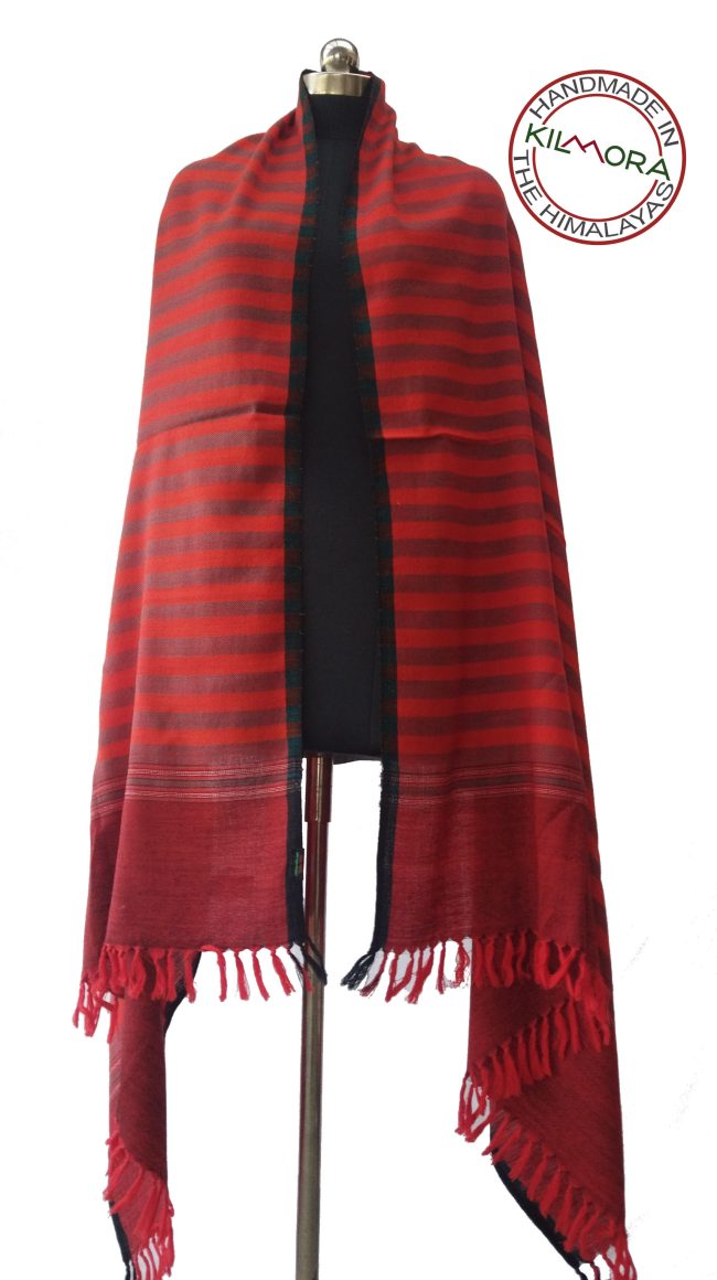 Pure woollen shawl from Kilmora in bold vertical stripes of candy and garnet