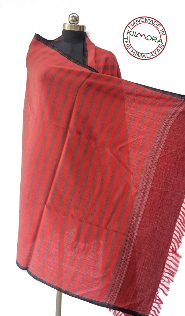 Pure woollen shawl from Kilmora in bold vertical stripes of candy and garnet