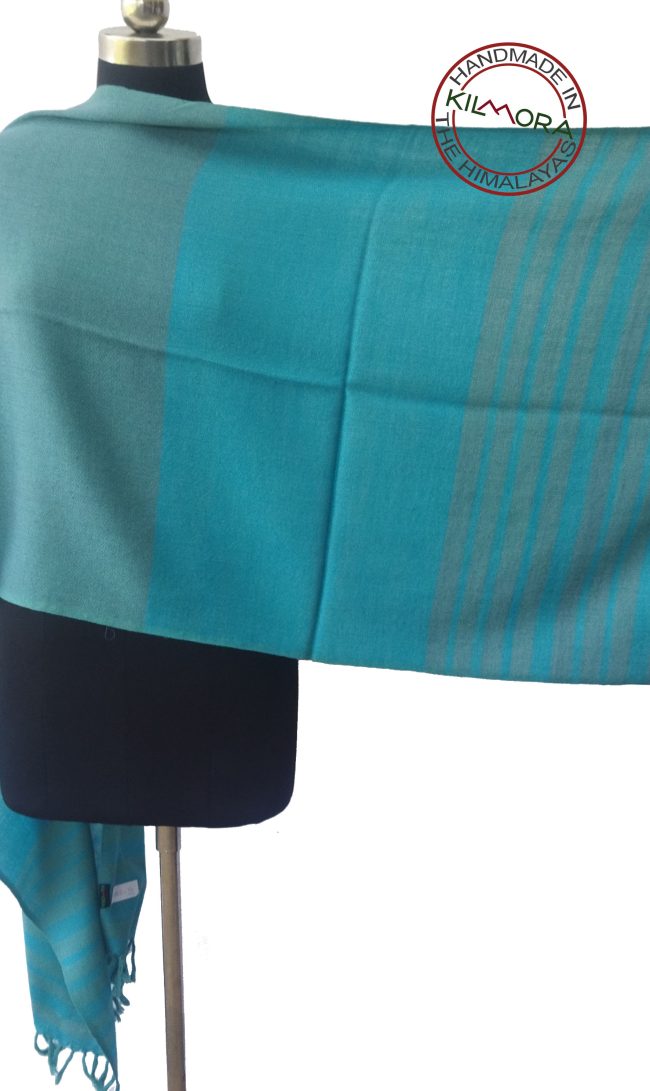 Pure merino wool stole from Kilmora in bold vertical stripes of aquamarine and fern.