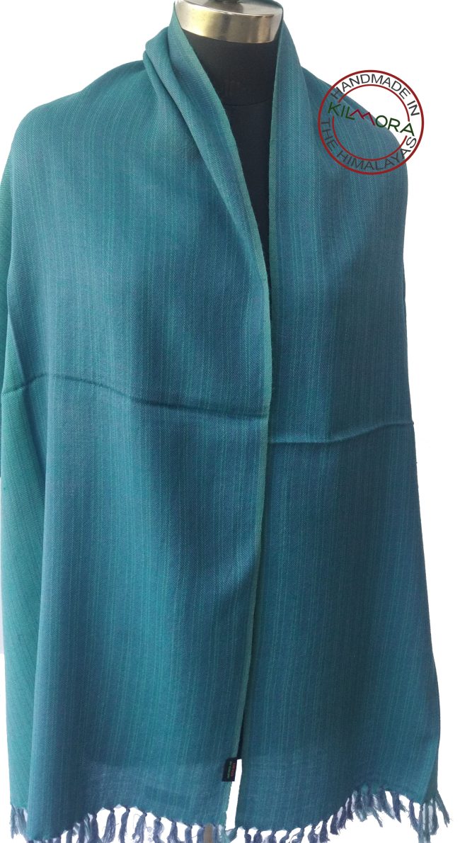 Pure merino wool reversible stole from Kilmora in horizontal stripes of teal and aquamarine.