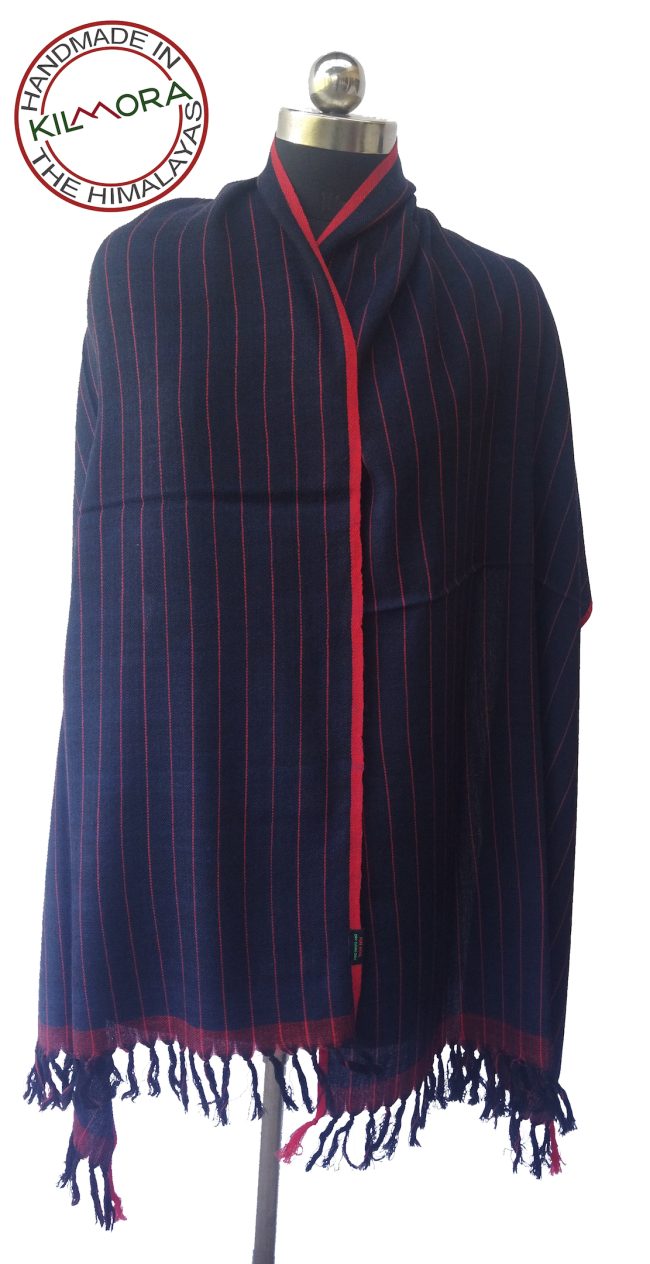 Merino wool stole in deep navy blue with thin horizontal pin stripes in red shown on a mannequin.