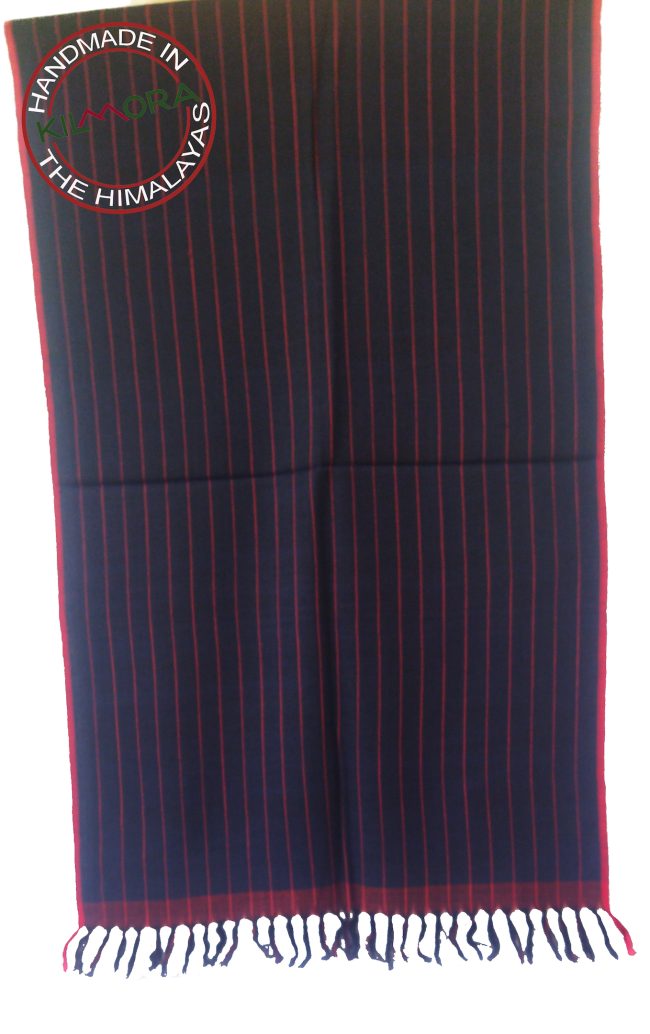 Merino wool stole in deep navy blue with thin horizontal pin stripes in red