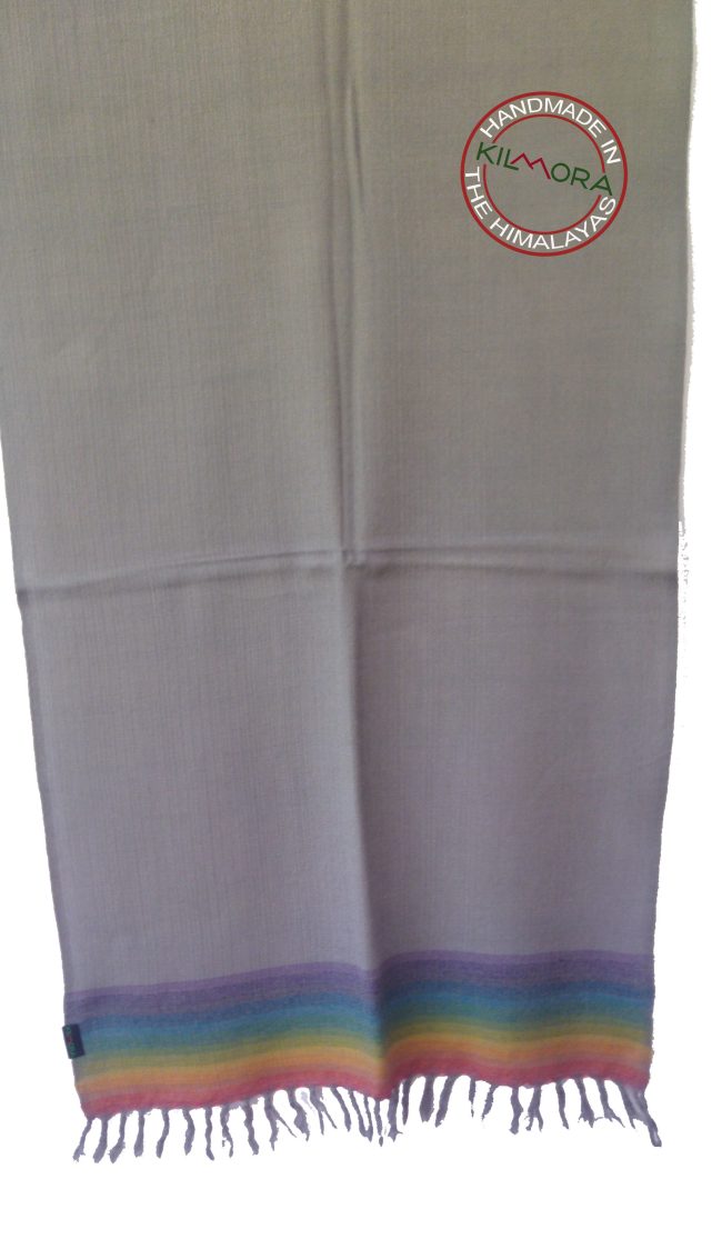 Hand woven merino wool stole in silver gray with a rainbow border