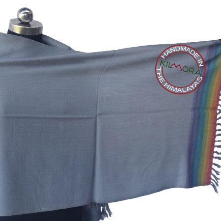 Hand woven merino wool stole in silver gray with a rainbow border