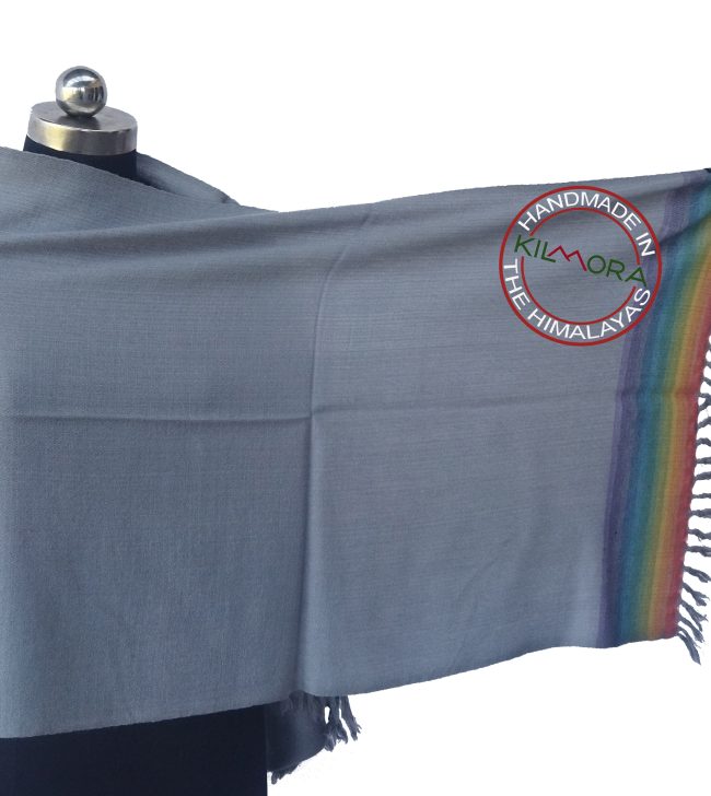 Hand woven merino wool stole in silver gray with a rainbow border