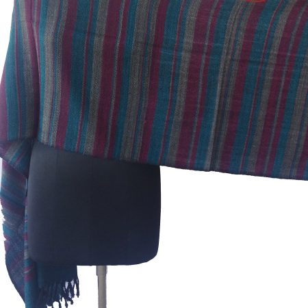 Merino wool stole from KIlmora in rich azure blue with deep wine red and dark gold