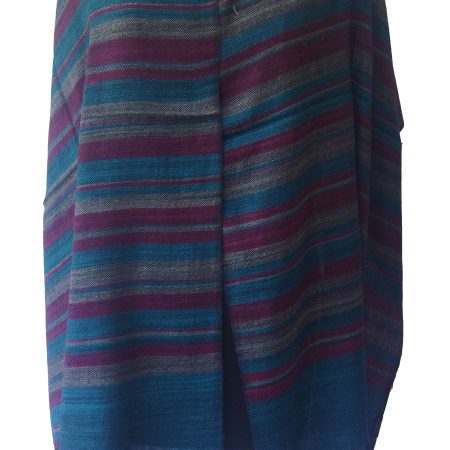 Merino wool stole from KIlmora in rich azure blue with deep wine red and dark gold