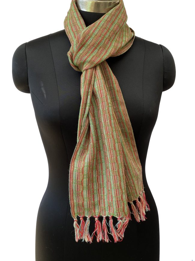 Basket weave in pure merino wool scarf in shades of fern green and rust