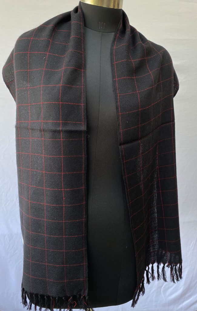 Pure merino wool scarf in black with wide rose red checked pattern