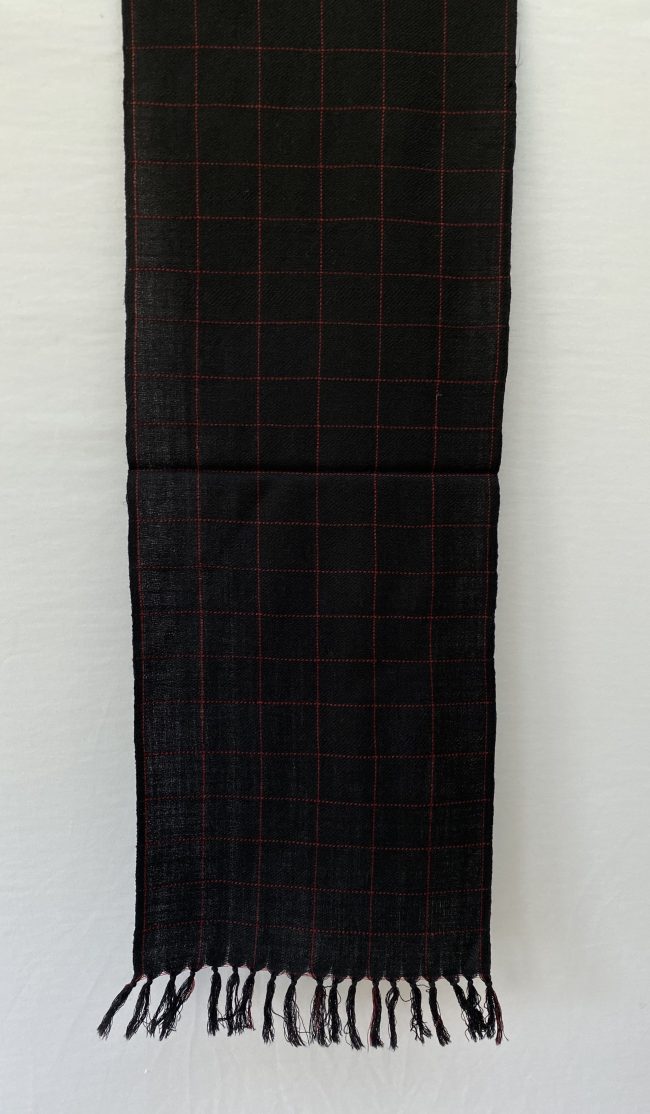 Pure merino wool scarf in black with wide rose red checked pattern