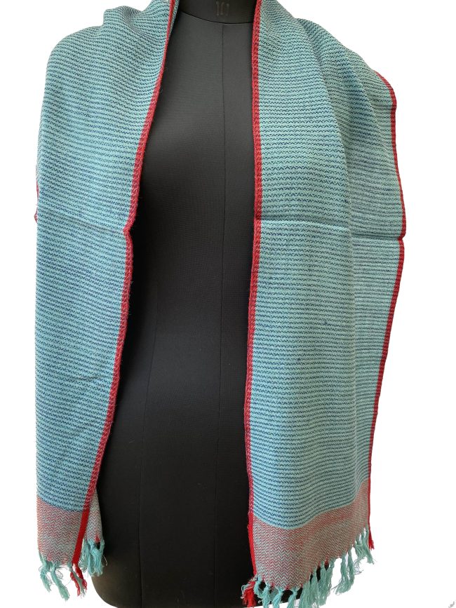 Teal blue merino wool scarf with vertical stripes, double shaded border and a cherry red edging