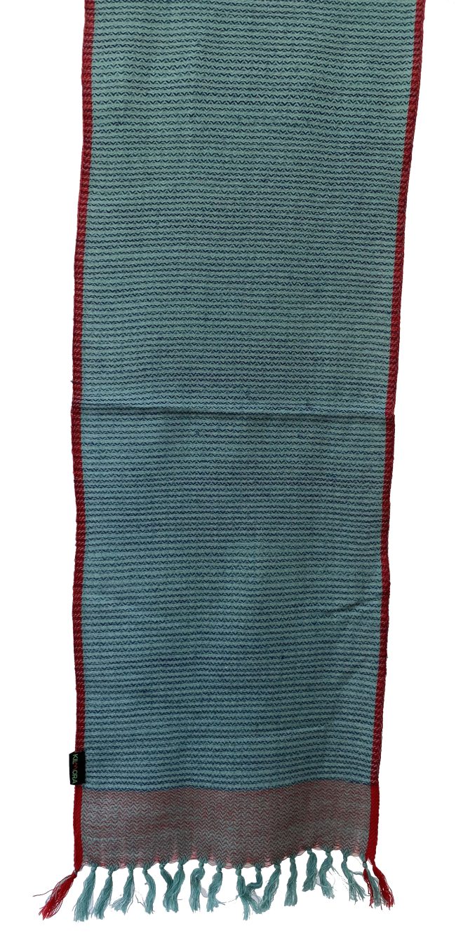 Teal blue merino wool scarf with vertical stripes, double shaded border and a cherry red edging