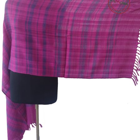 Bright pink woollen stole with navy blue braid vertical stripes