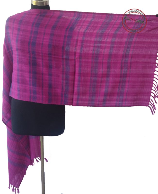 Bright pink woollen stole with navy blue braid vertical stripes