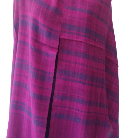 Bright pink woollen stole with navy blue braid vertical stripes