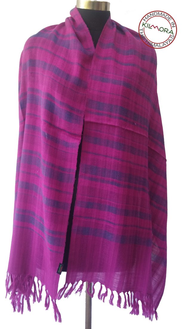 Bright pink woollen stole with navy blue braid vertical stripes