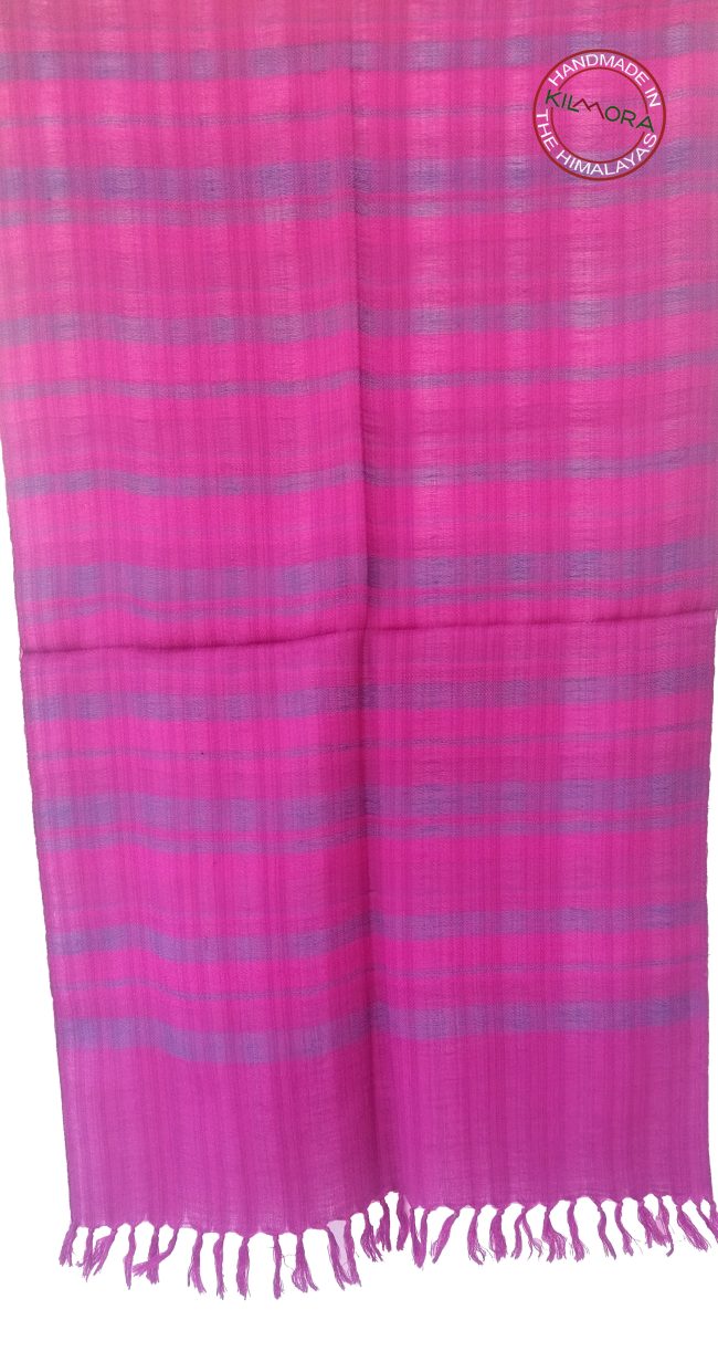 Bright pink woollen stole with navy blue braid vertical stripes