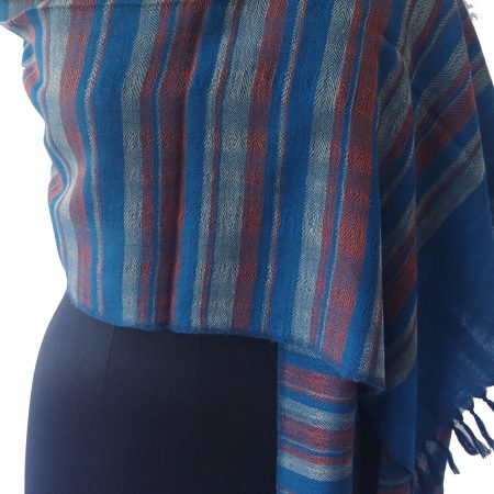 Vertical striped woollen stole in indigo, prussian blue and mahagony