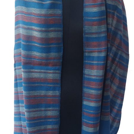 Vertical striped woollen stole in indigo, prussian blue and mahagony