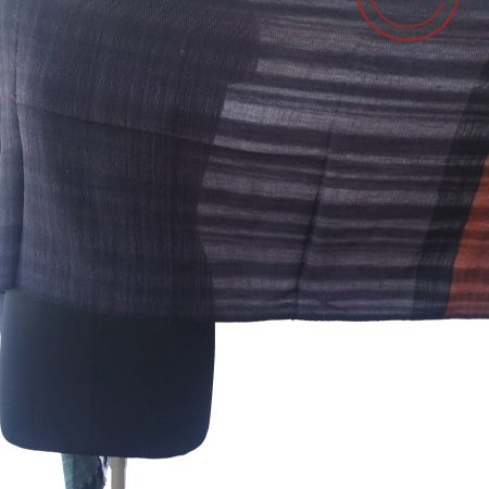 Woollen stole with deep charcoal shade in the main body with a border of two vertical stripes in leaded gray and carmine