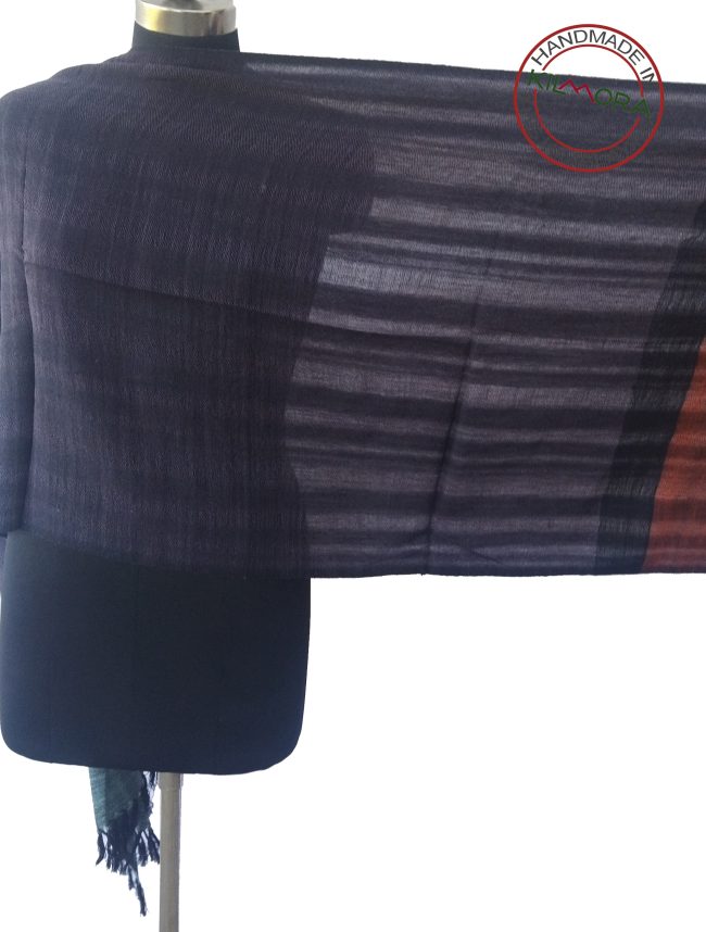 Woollen stole with deep charcoal shade in the main body with a border of two vertical stripes in leaded gray and carmine