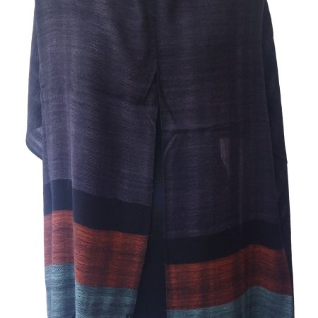 Woollen stole with deep charcoal shade in the main body with a border of two vertical stripes in leaded gray and carmine