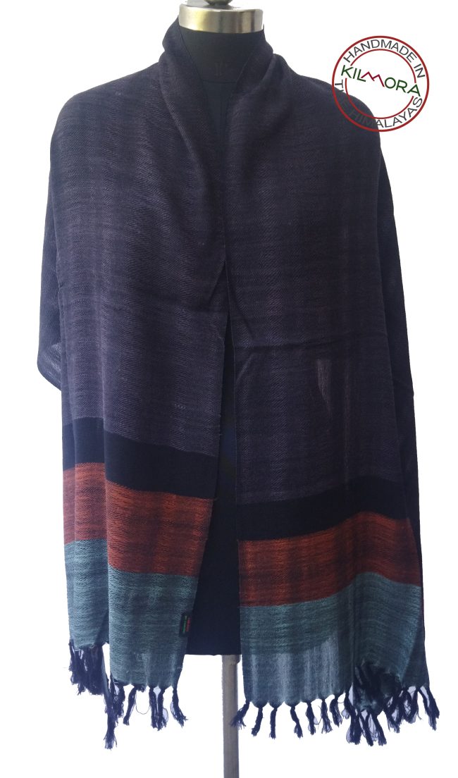 Woollen stole with deep charcoal shade in the main body with a border of two vertical stripes in leaded gray and carmine