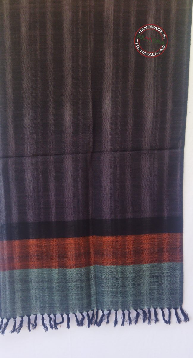 Woollen stole with deep charcoal shade in the main body with a border of two vertical stripes in leaded gray and carmine