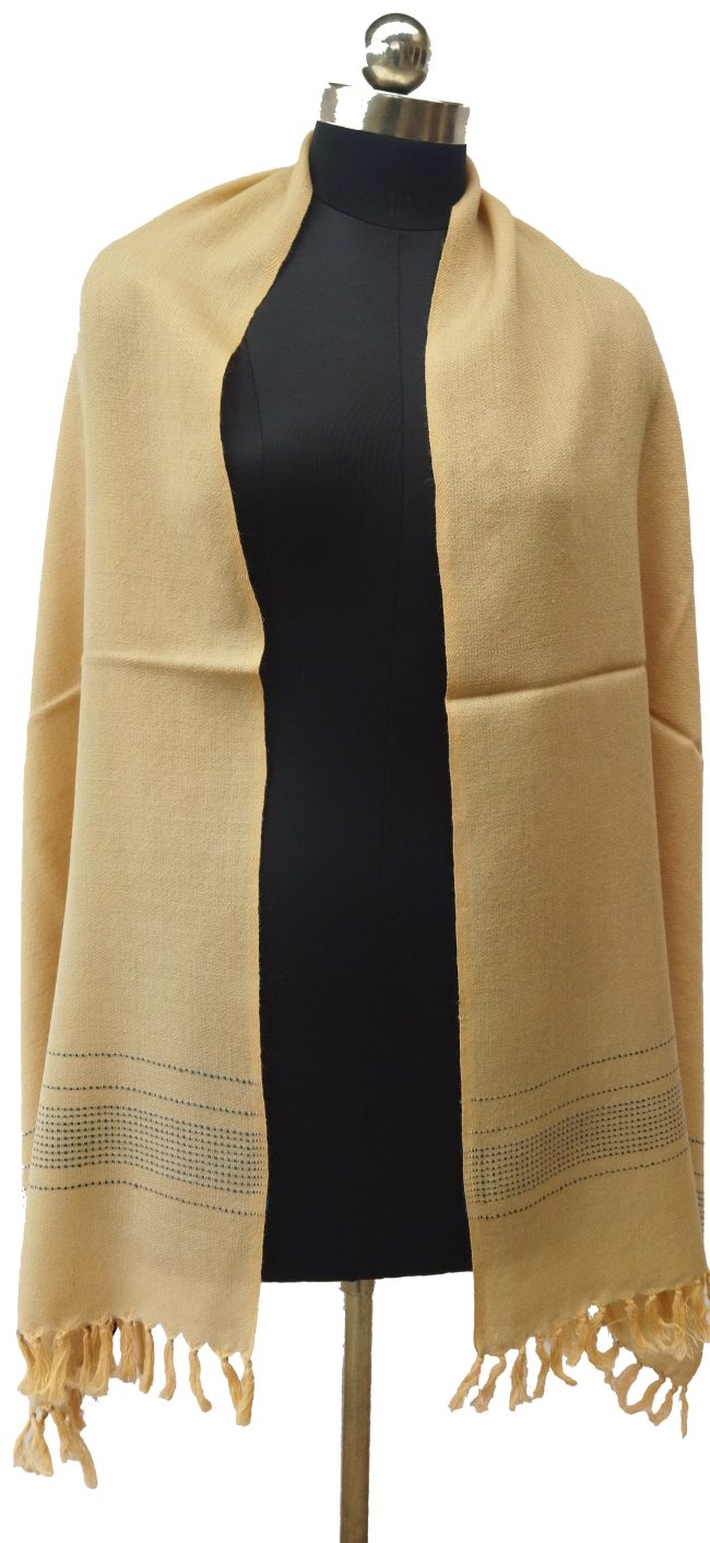 Butter yellow handwoven woollen stole with a muted dashed lead gray border