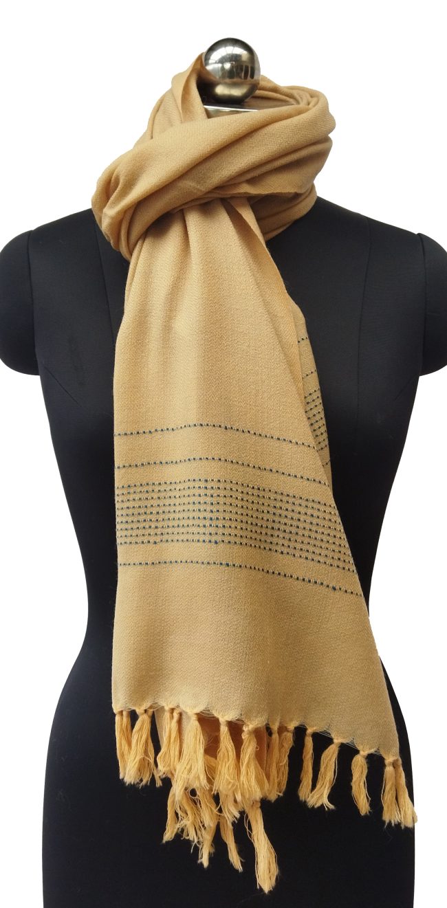 Butter yellow handwoven woollen stole with a muted dashed lead gray border