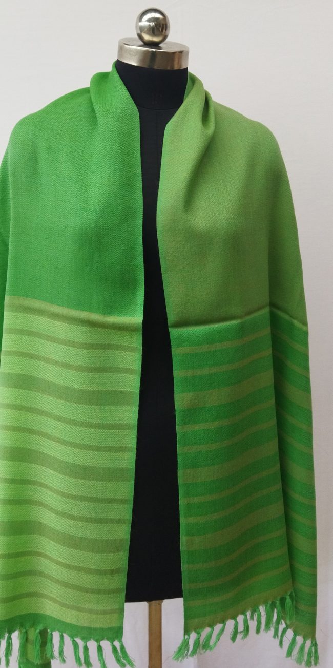 Emerald green woollen stole with a Kelly green border in graduated horizontal stripes