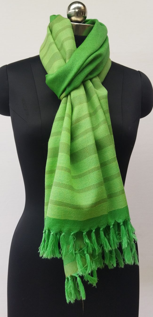 Emerald green woollen stole with a Kelly green border in graduated horizontal stripes