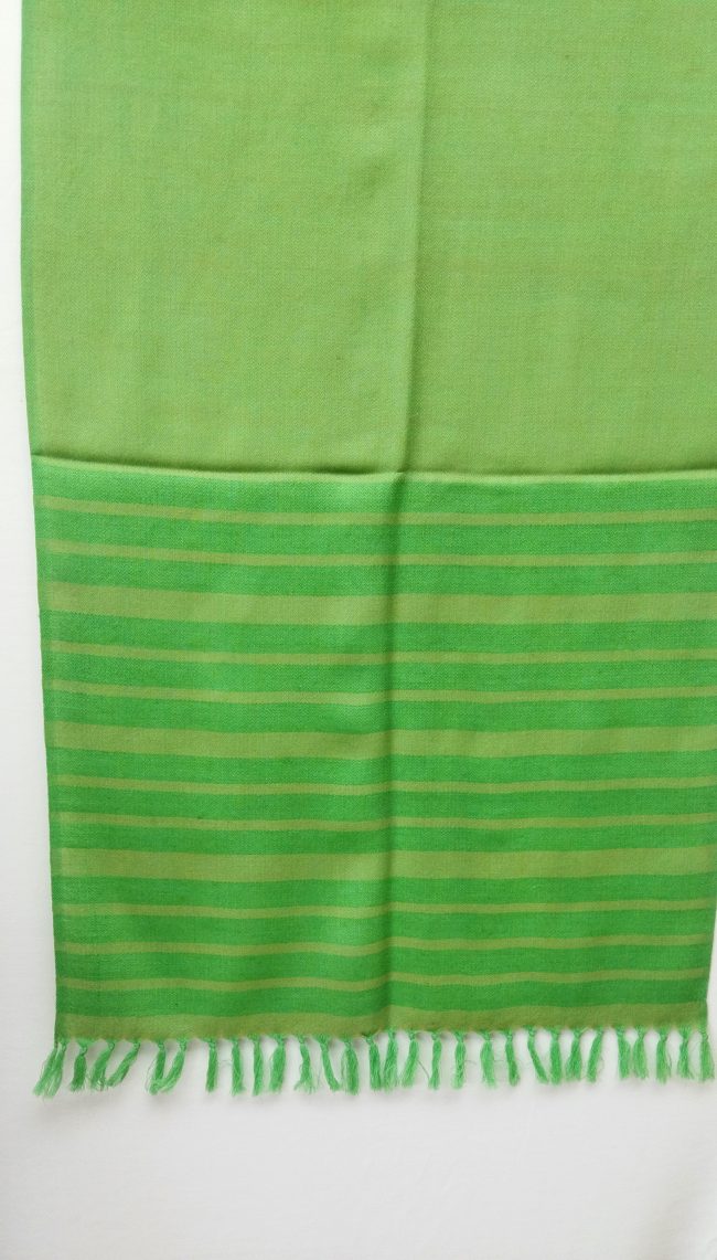 Emerald green woollen stole with a Kelly green border in graduated horizontal stripes