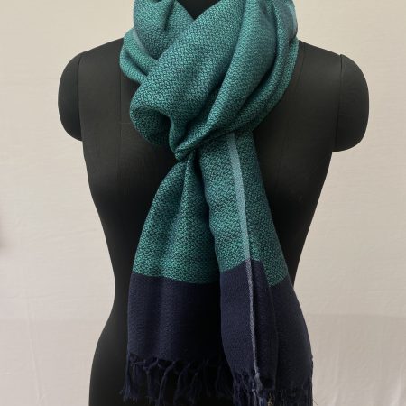 Pure cotton linen stole in shades of teal and sky blue with a navy border