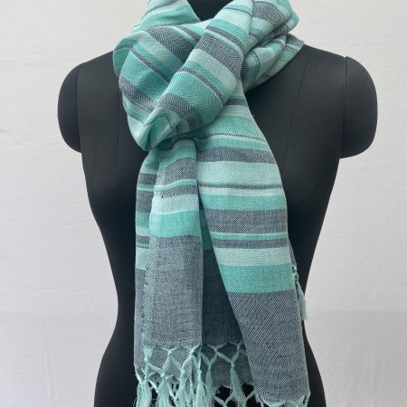 Pure cotton linen handwoven stole with vertical stripes in indigo, baby bue, arctic blue and turquoise.