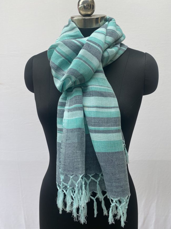 Pure cotton linen handwoven stole with vertical stripes in indigo, baby bue, arctic blue and turquoise.