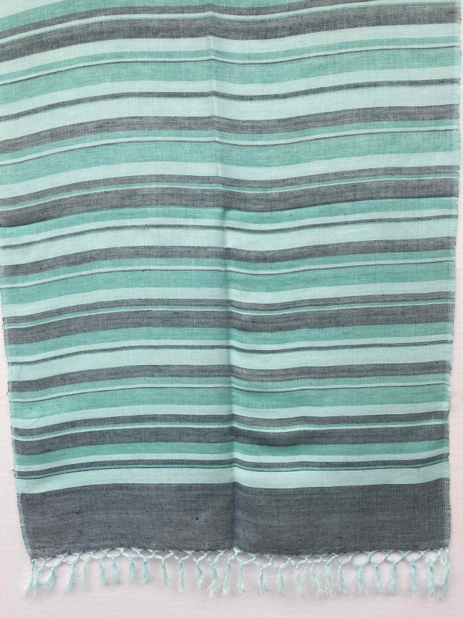 Pure cotton linen handwoven stole with vertical stripes in indigo, baby bue, arctic blue and turquoise.