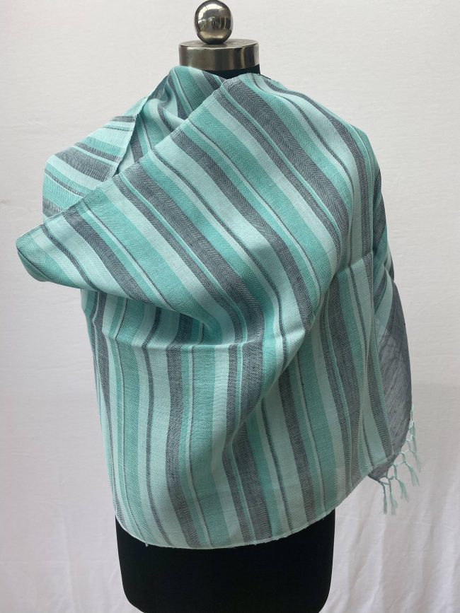 Pure cotton linen handwoven stole with vertical stripes in indigo, baby bue, arctic blue and turquoise.