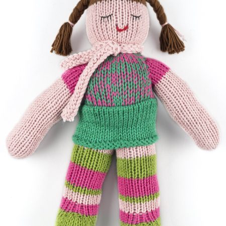 Hand-knit cotton doll with green and pink stockings, green skirt and a pink top