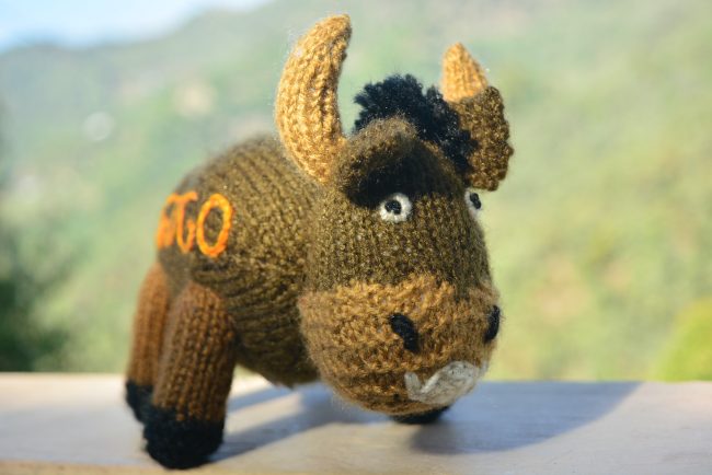 Knitted toy of a bison in brown with name Gogo kntted on the side