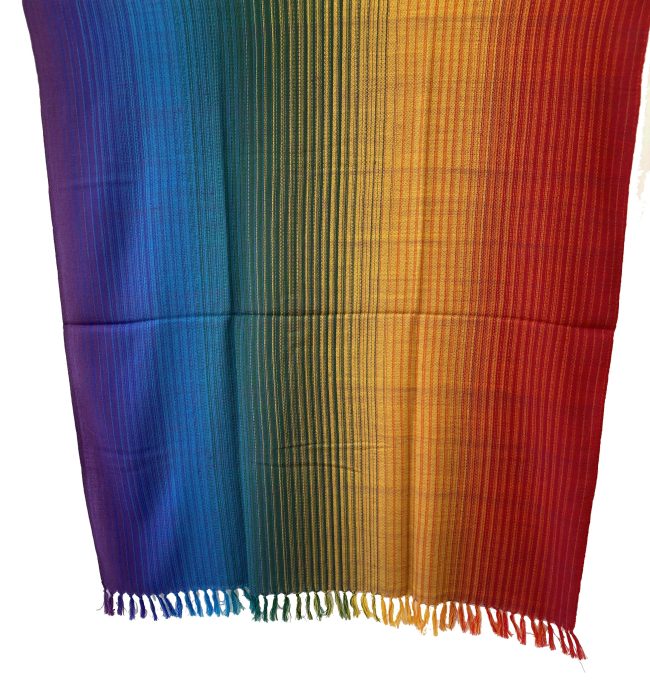 Pure merino wool handwoven shawl in gradation shades mimicking a rainbow - from indigo, blue, green, yellow, orange to red