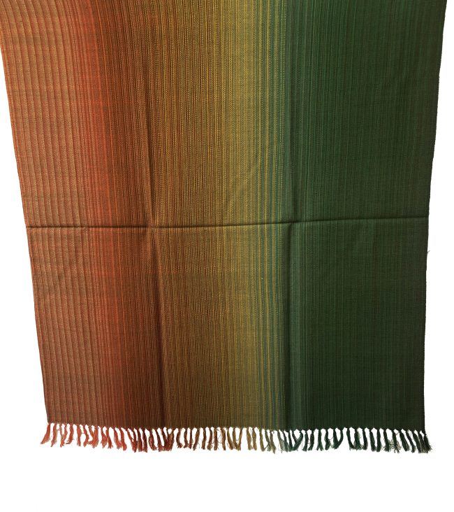 Merino wool handwoven shawl in gradation with shades ranging from brunt umber to orange to yellow and ending with pine green